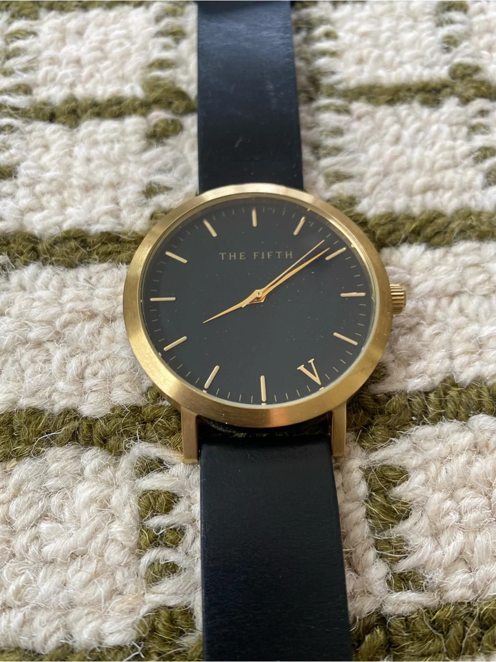 The Fifth Unisex Black Leather Strap Watch with Gold Face